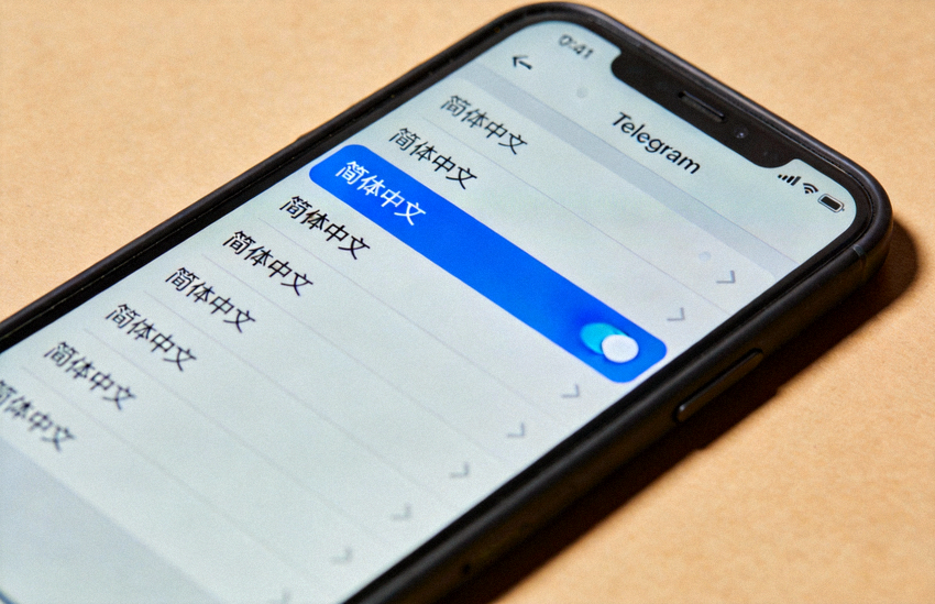 步骤六截图：Telegram设置中的语言选择界面，高亮显示简体中文选项
