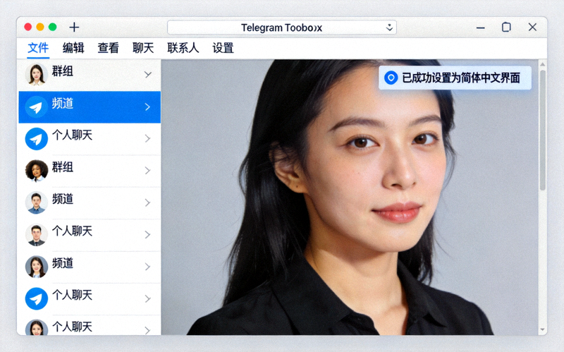 步骤六截图：成功设置为简体中文界面的Telegram Desktop主窗口，展示中文菜单和聊天列表