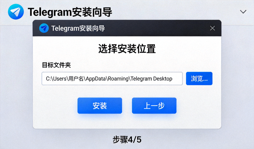 步骤四截图：Windows系统上Telegram安装向导的界面截图，显示安装路径选择