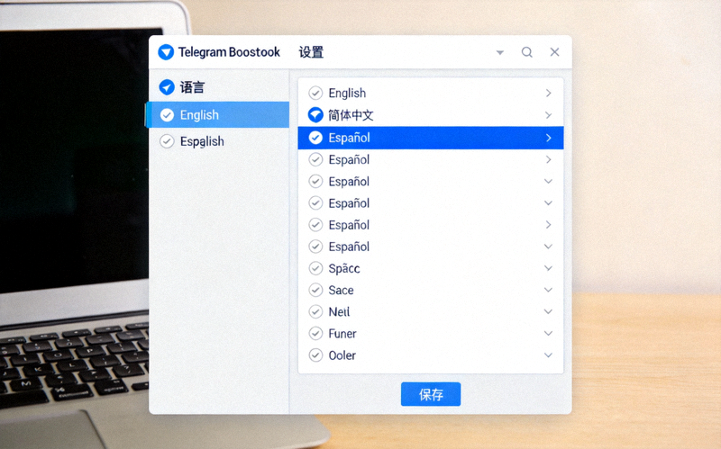 Telegram Desktop设置界面截图，展示如何从语言列表中选择简体中文