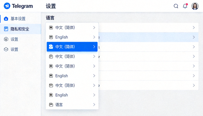 Telegram Desktop设置中文界面步骤截图 - 展示语言选择菜单
