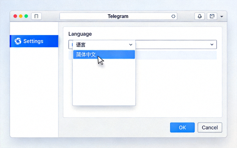 Telegram Desktop语言设置界面截图 - 展示如何选择简体中文选项