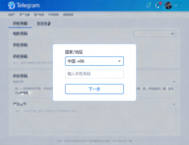 Telegram电脑版登录界面截图 - 显示手机号码输入框