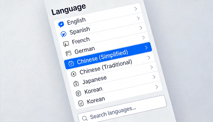 Telegram语言设置界面截图 - 显示语言选择列表